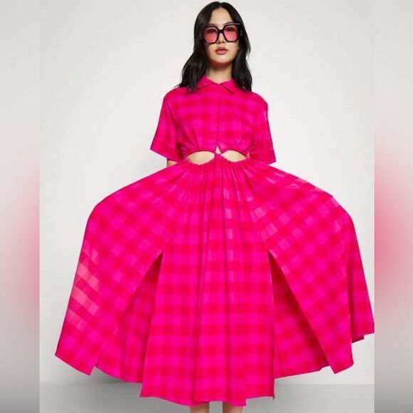 CULT GAIA Keegan Cutout Checked Twill Midi Shirt Dress In Ghermez Rose S - Picture 3 of 11